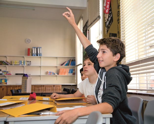 Students with hand up, working in class